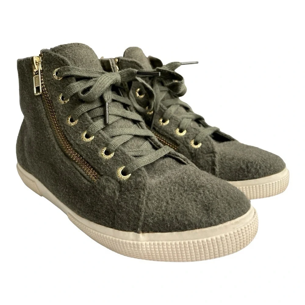 Superga Olive Wool Felt High Top Sneakers zipper, laces size 37 1/2 = 7 US